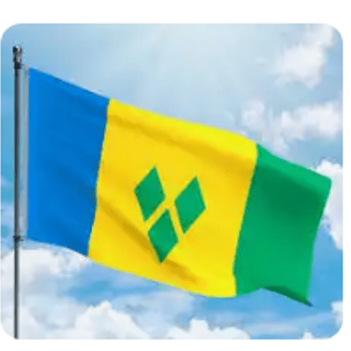 A flag of saint vincent and the grenadines flying in the sky.